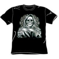 Tribal markings skeleton grim reaper with sickle tee shirt