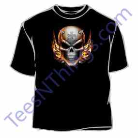 Horned Skull Iron Cross and Flames Tee Shirt